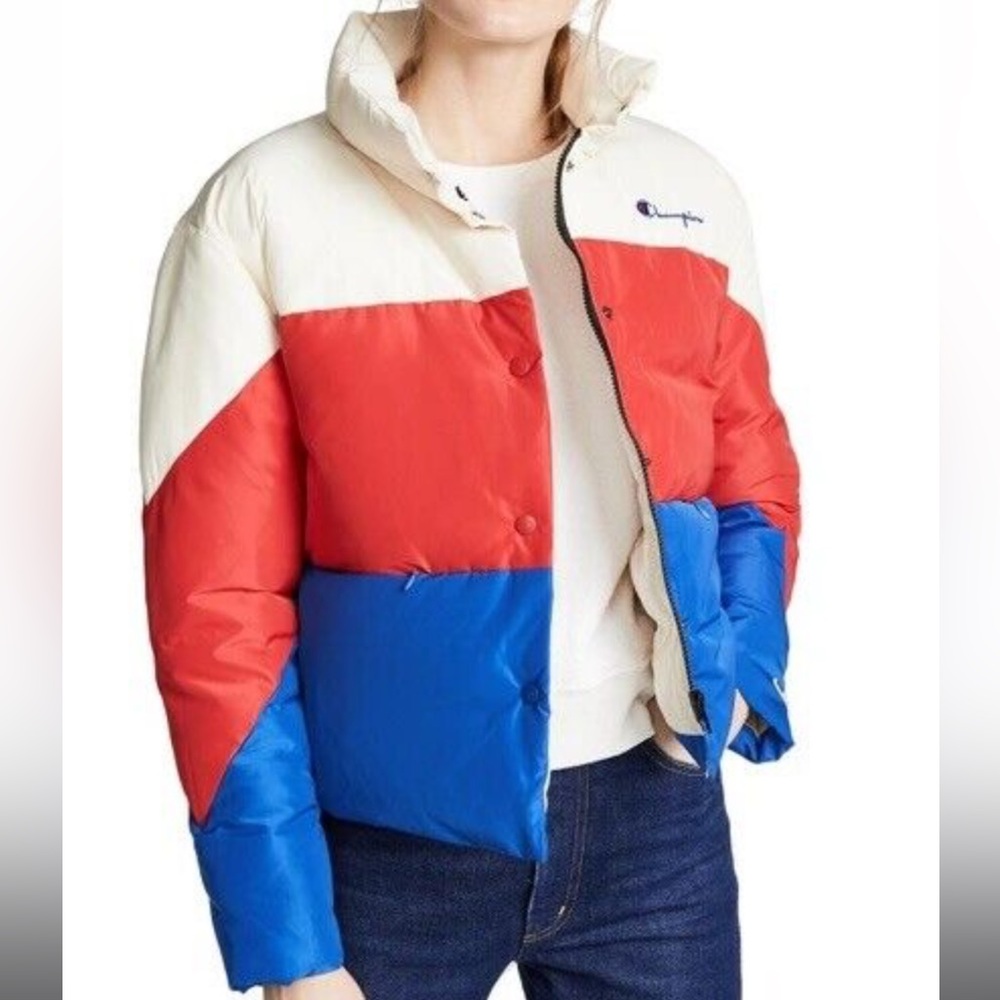 Champion Color Block White Red Blue Retro Style Puffer Jacket Size Small